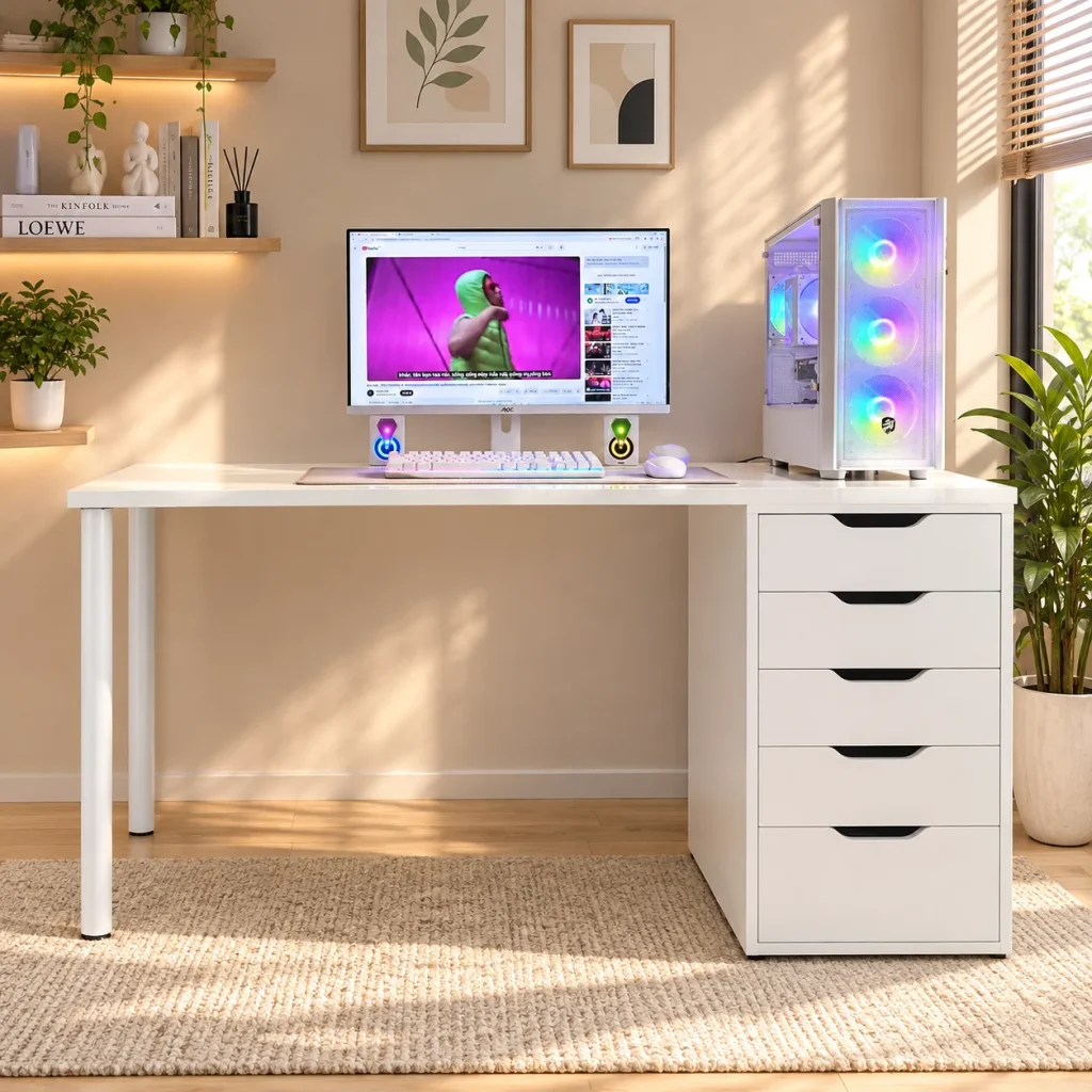 Bàn IKEA 1 Hộc Tủ + 2 Chân Trụ 1m4 MDF Lõi Xanh – Màu Trắng thumbnail 2