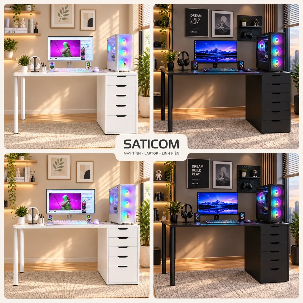 Bàn IKEA 1 Hộc Tủ + 2 Chân Trụ 1m4 MDF Lõi Xanh – Màu Trắng