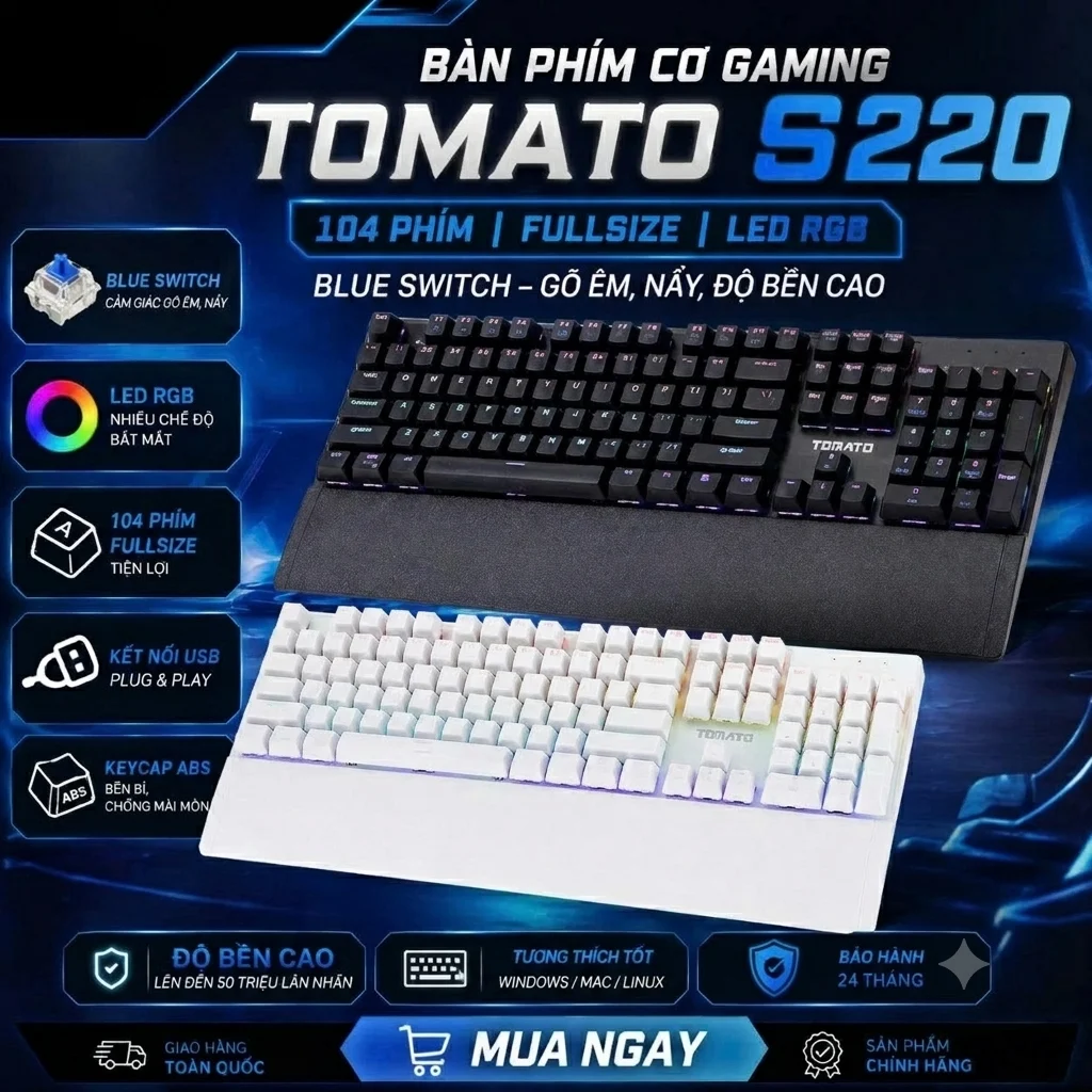 Bàn Phím Cơ Tomato S220 Trắng Đen Blue Switch LED