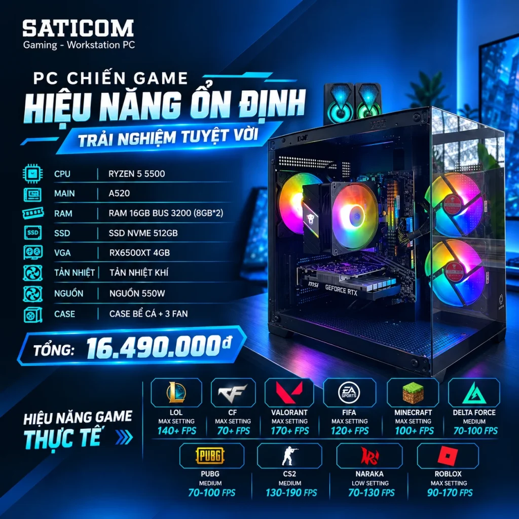 PC Gaming Ryzen 5 5500 RX 6500 XT 4GB – RAM 16GB, SSD NVMe 512GB
