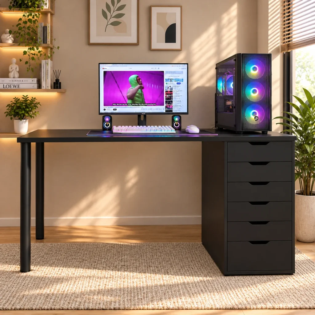 Bàn IKEA 1 Hộc Tủ + 2 Chân Trụ 1m4 MDF Lõi Xanh – Màu Trắng thumbnail 3